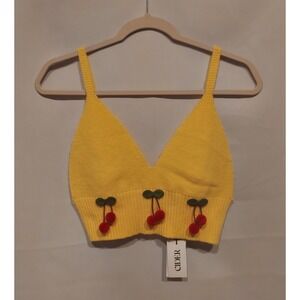 Cider Womens Yellow Stretch Knit Ribbed Cropped Cherry Tank Top Size Large NWT
